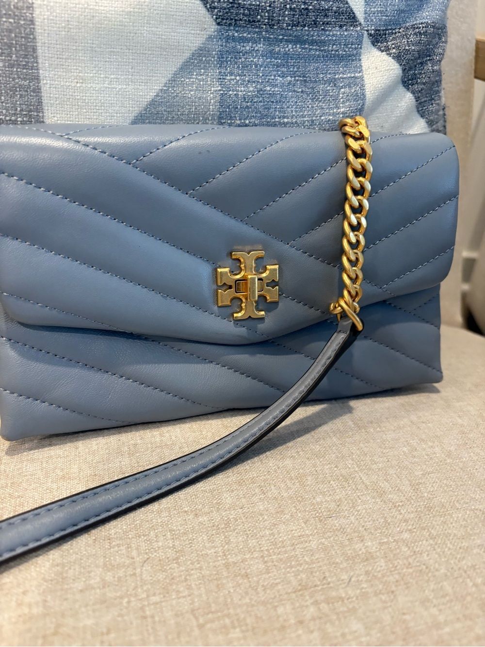 Tory Burch blue Chevron Quilted Leather Kira Wallet On Chain